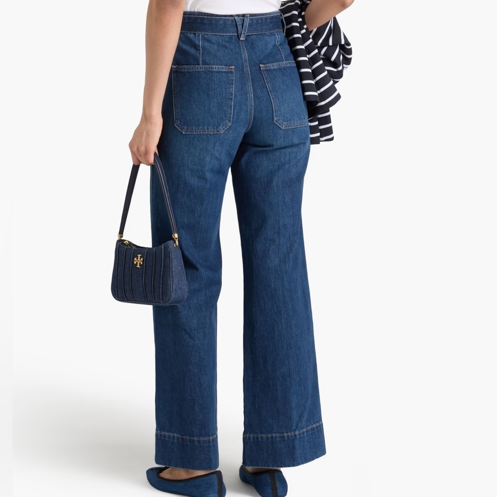 Veronica Beard Taylor Wide Leg High Rise Dark Denim Belted Long Trouser Jeans 27 - Picture 10 of 11